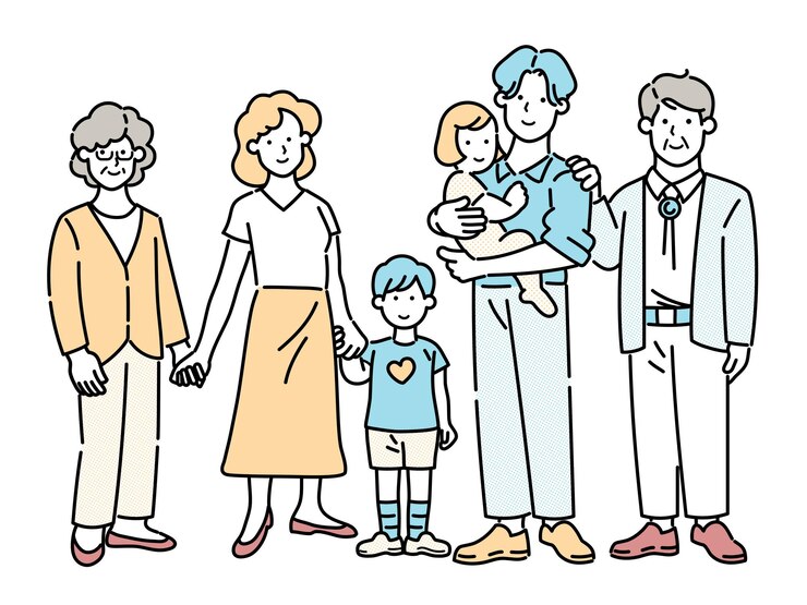 Vector 子供を持つ家族と赤ん坊を抱いた男性の漫画。
