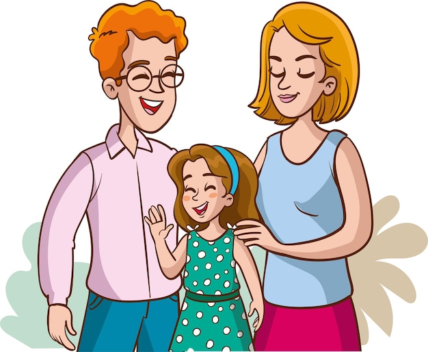 A cartoon of a family with a little girl and her parents.