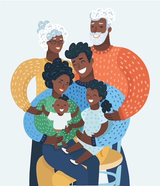 Мультяшная семья с матерью, отцом, дедушкой, бабушкой или бабушкой с вьющимися волосами, или дедушкой, дочерью, ребенком, ребенком, ребенком.