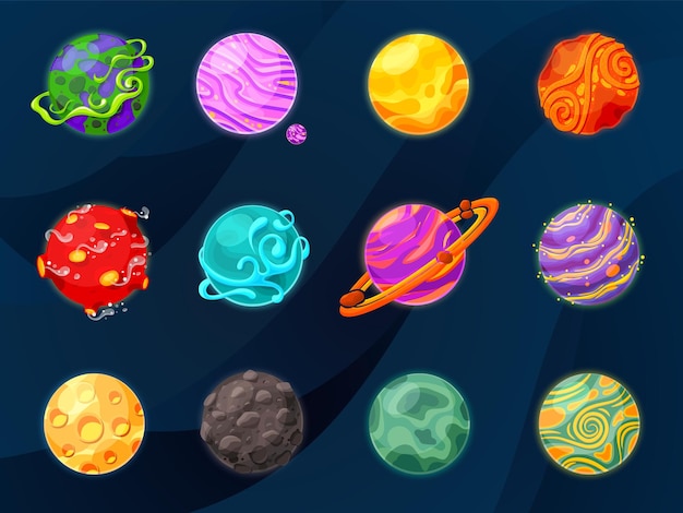 Cartoon fantasy planets. space planet, slime or jelly satellites in universe. game galaxy objects, funny cosmic elements recent vector set. fantasy galaxy space, flight planets for gui illustration