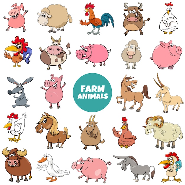 Vector cartoon farm animal characters big set