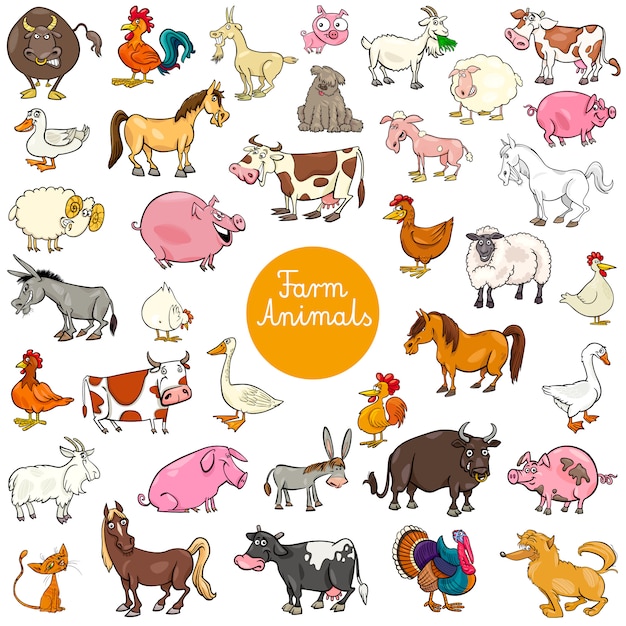 Vector cartoon farm animal characters big set