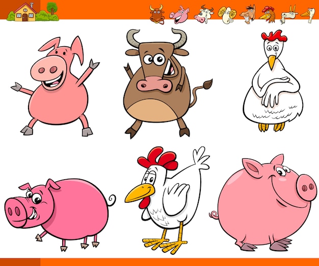 Collezione di personaggi animali da fattoria dei cartoni animati