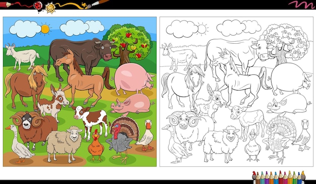 Cartoon farm animal characters group coloring page