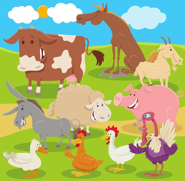 Vettore gruppo di personaggi di animali da fattoria dei cartoni animati in campagna