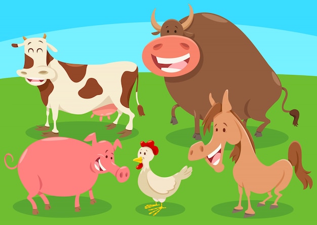 Cartoon farm animal characters group