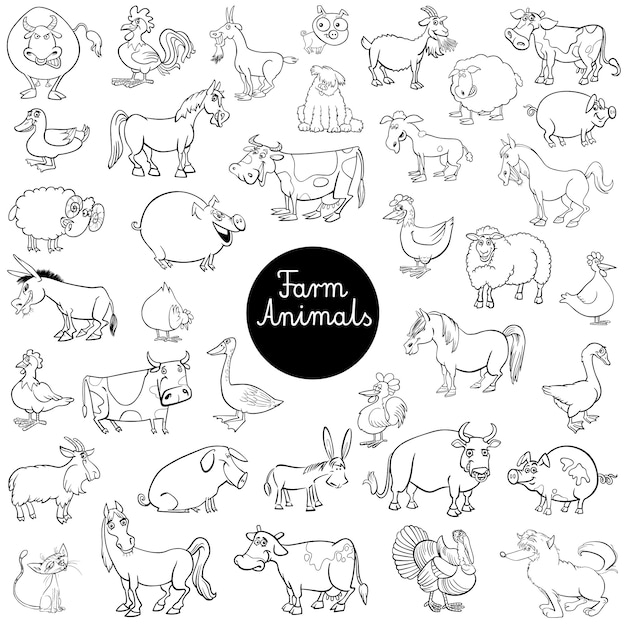 cartoon farm animal characters set color book