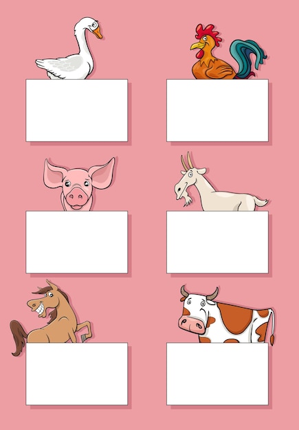 Cartoon farm animal characters with cards design set