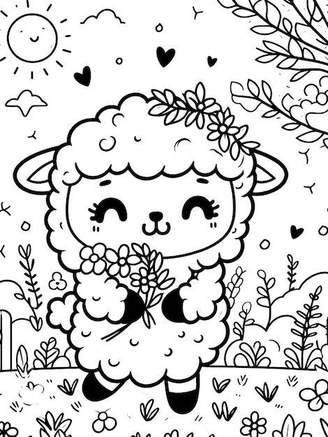 Animali da fattoria cartoni animati pecore nel giardino bambini libro da colorare generativo ai