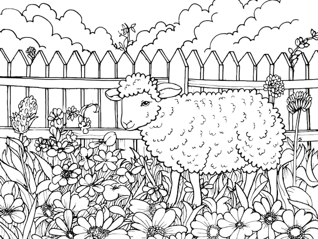 Cartoon farm animal sheep in the garden children coloring book generative ai