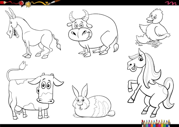 Cartoon farm animals comic characters set coloring page