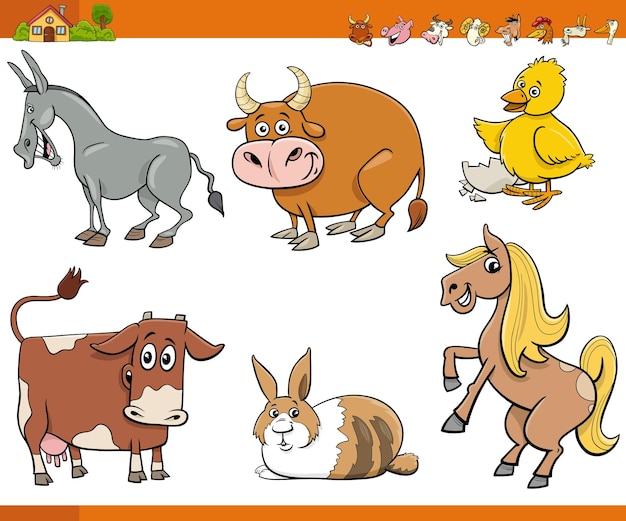 Cartoon farm animals comic characters set