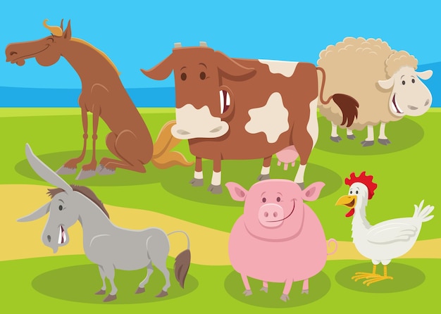 Cartoon farm animals group in the countryside