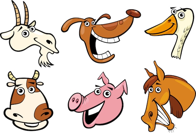 Cartoon farm animals heads set