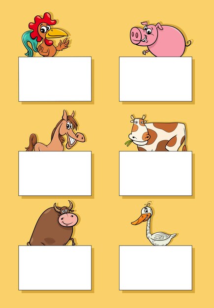 Vector cartoon farm animals with cards or banners design set