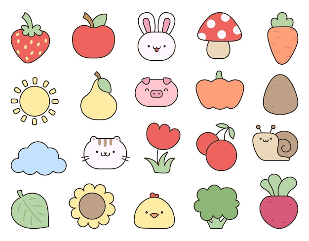 Cartoon farm elements and characters Hand drawn style Vector drawing