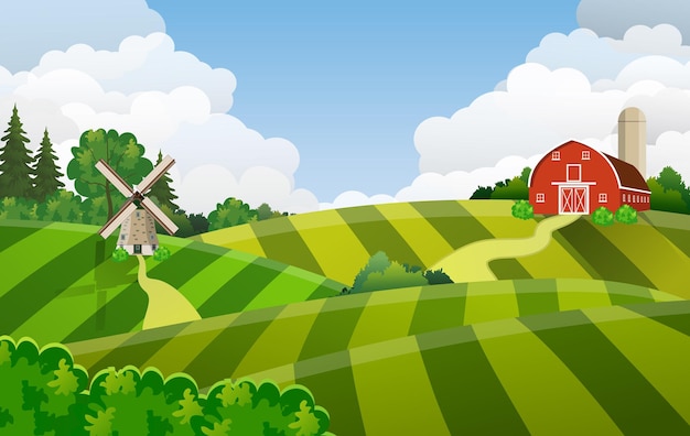 Мультфильм поле фермы зеленое поле посева, красный сарай на зеленом поле фермеров