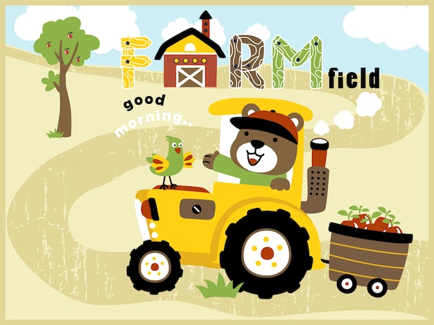 Мультфильм поле фермы с желтым трактором со смешным фермером