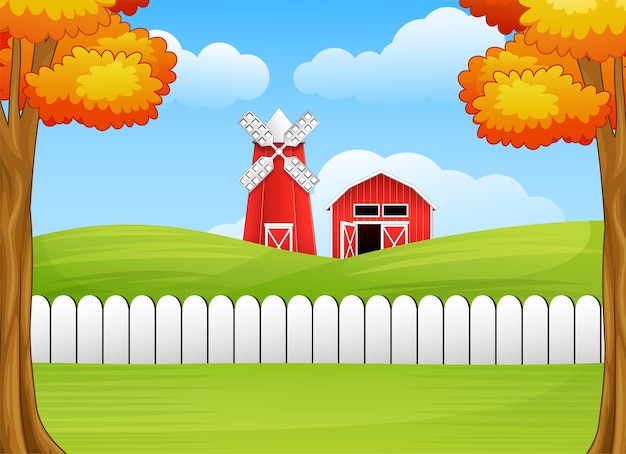 Cartoon farm landscape with windmill and barn