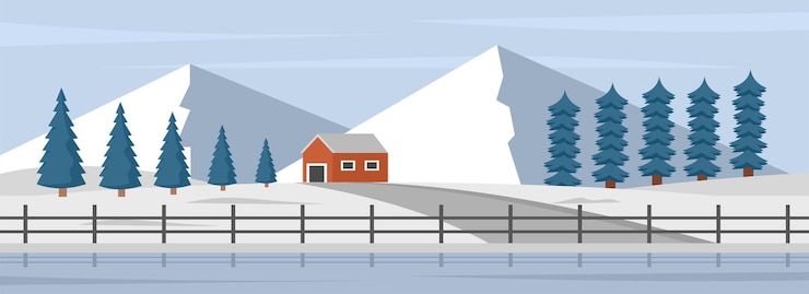 Vector a cartoon of a farm with a fence in the winter season