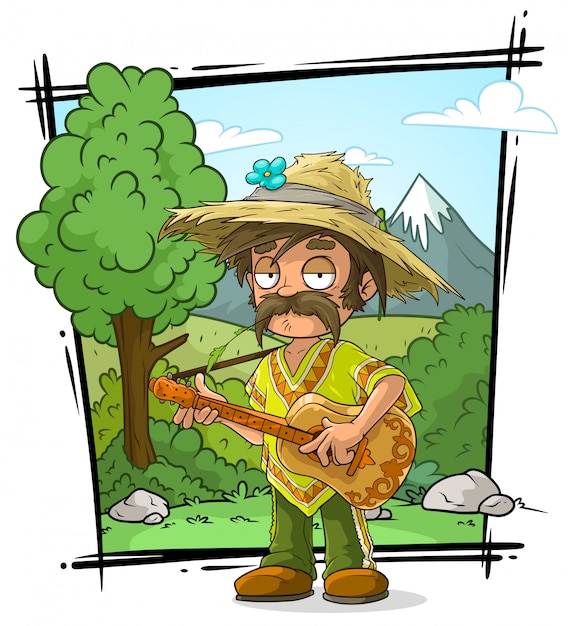 Мультипликационный персонаж фермер в соломенной шляпе с гитарой