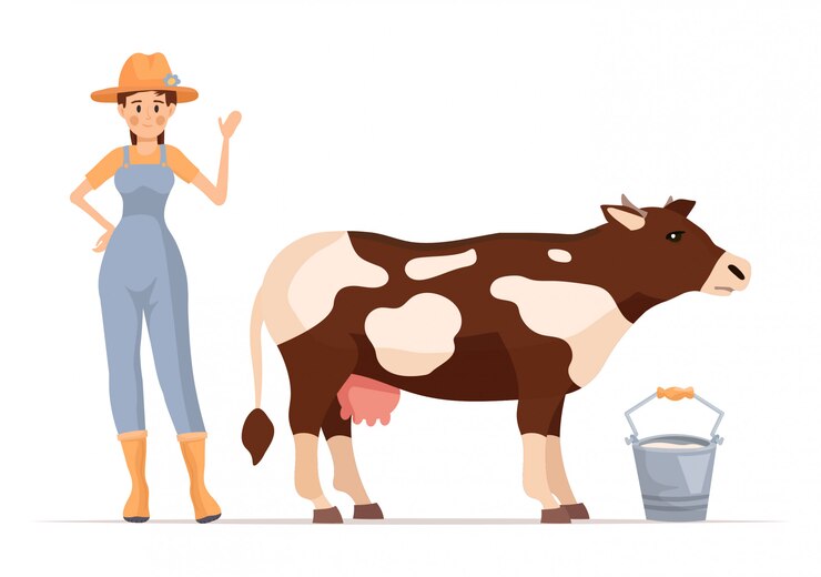 Cartoon farmer girl character with cow.