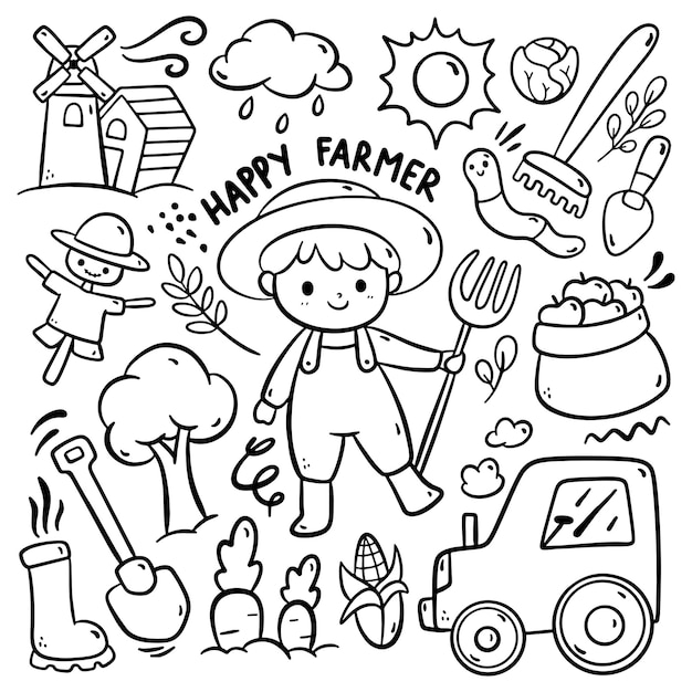 Cartoon farmer kid in doodle style illustratie vector element