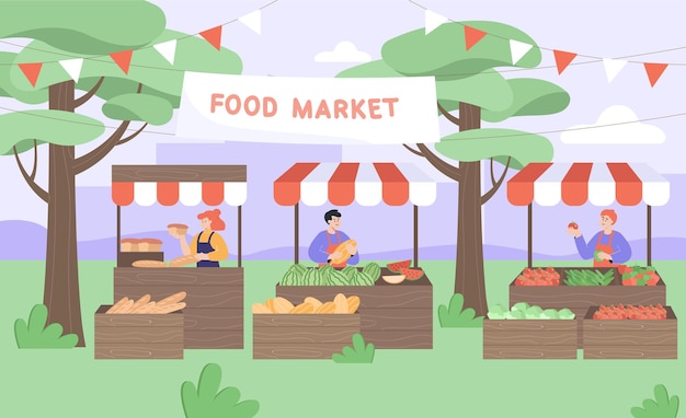 Cartoon agricoltori dietro i banconi al mercato alimentare sulla strada. persone che vendono cibo fresco all'illustrazione vettoriale piatta del mercato locale. commercio, concetto di spesa per banner, progettazione di siti web o pagina di destinazione