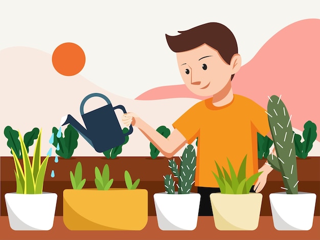 Vector cartoon farming gardening. a man watering plants on summer spring vector illustration