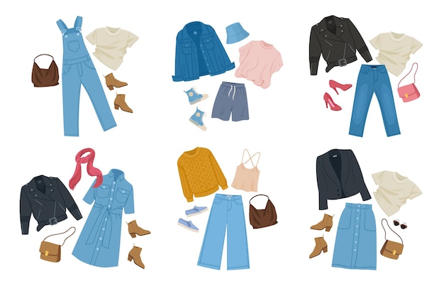 Cartoon fashion denim outfits Casual clothing with denim jacket dress and skirt modern outfits and accessories flat vector illustration set on white background