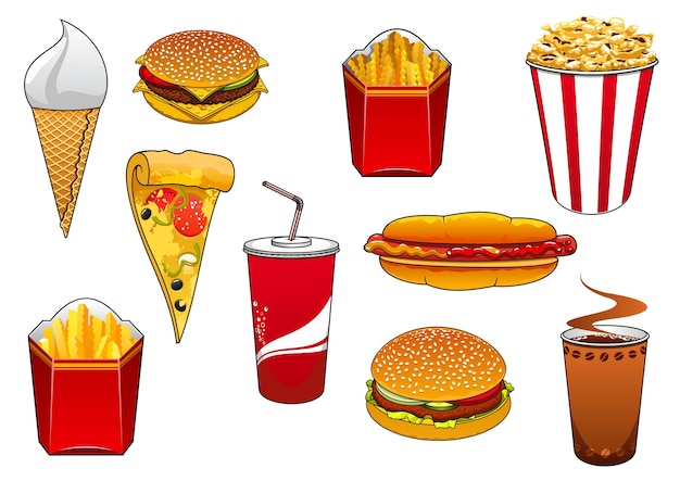 Cartoon fast food hamburger e cheeseburger, hot dog, fetta di pizza, patatine fritte e popcorn in scatole da asporto