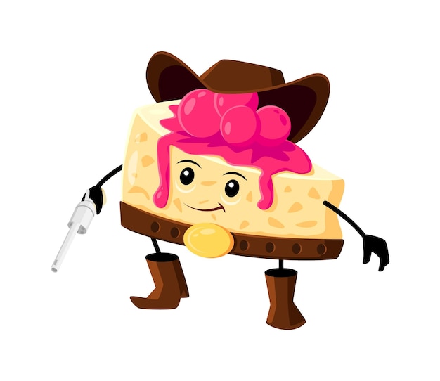 Cartoon fast food cake cowboy bandit character Sweet pastry Wild West sheriff comical mascot restaurant or cafe desert Texas funny bandit or cake with berries western ranger vector happy personage