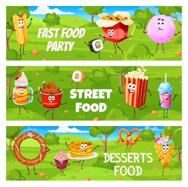 Cartoon fast food and desserts on summer party