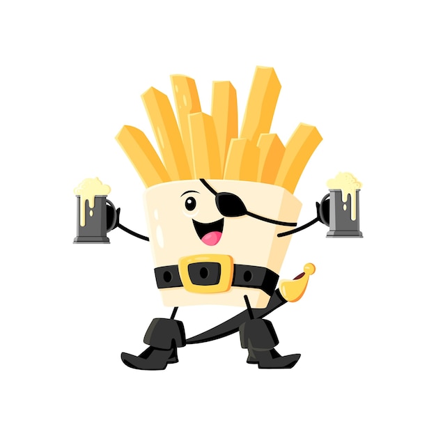 Cartoon fast food french fries pirate and corsair character Street food meal privateer comical personage takeaway restaurant fries pirate isolated vector childish mascot with eye patch and beer