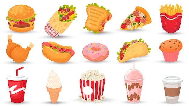 cartoon fast food. hamburger, tasty sandwich and hot dog.