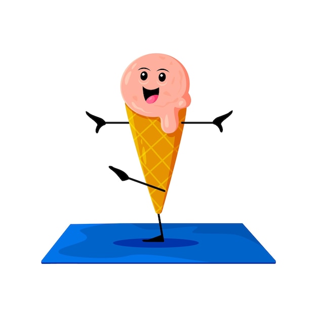 Cartoon fast food ice cream character on yoga fitness sport Street cafe or gelateria menu frozen dessert cute mascot fast food sweet meal ice cream comical vector personage doing fitness