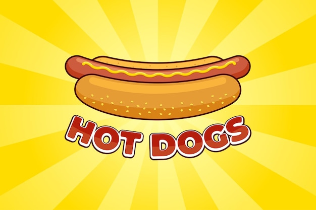 Hot dog del pasto degli alimenti a rapida preparazione del fumetto con il modello di progettazione del manifesto pubblicitario del ristorante dell'iscrizione. salsiccia hot dog in pane con senape piatto vettoriale illustrazione promozionale su raggi gialli