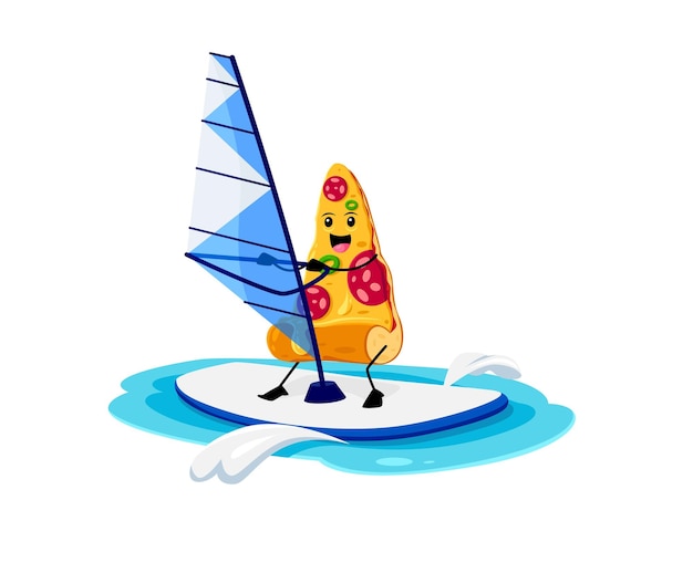 Cartoon fast food pizza character on windsurf Street restaurant dish cute character takeaway cafe or pizzeria meal or fast food menu pizza piece funny vector personage with windsurfing on vacation