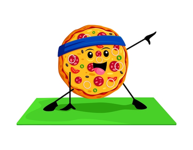 Vector cartoon fast food pizza character on yoga or sport