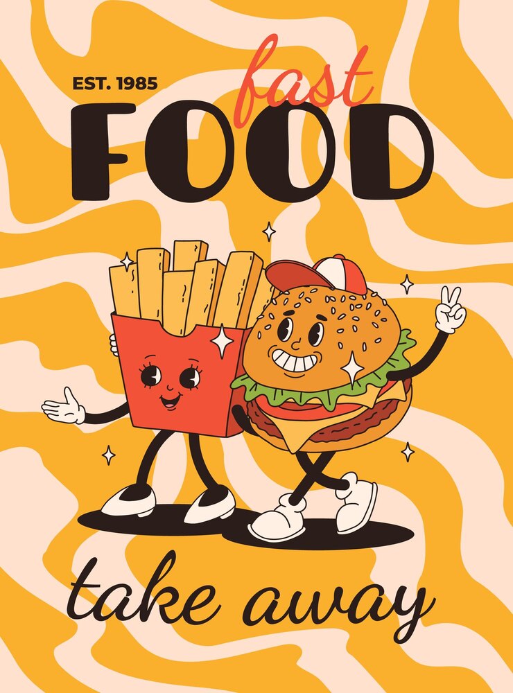 Cartoon fast food poster Retro groovy cards with mascot food characters Brochure design with quote text for cafe Banner with funky groovy burger french fries soda ice cream Fast food delivery