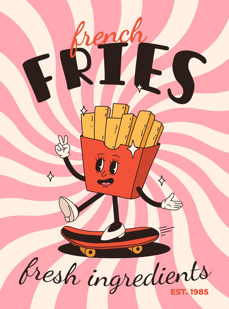 Cartoon fast food poster Retro groovy cards with mascot food characters Brochure design with quote text for cafe Banner with funky groovy burger french fries soda ice cream Fast food delivery