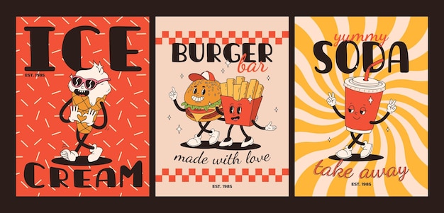 Vettore poster di fast food cartone animato retro groovy carte con personaggi di cibo mascotte brochure design con testo di citazione per caffè banner con funky groovy burger patatine fritte soda gelato fast food delivery