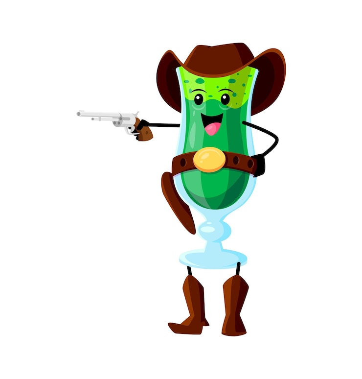 Vector cartoon fast food smoothie cowboy character sweet drink or lemonade western cowboy funny mascot fast food dessert beverage texas ranger or smoothie wild west bandit isolated vector happy personage