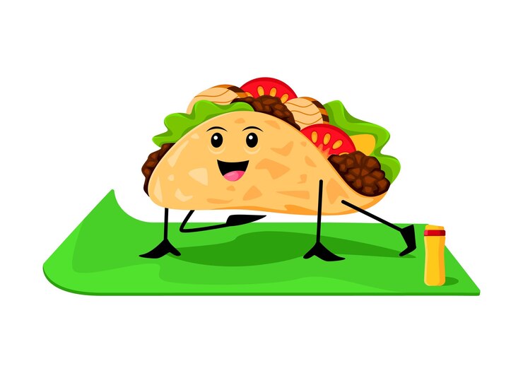 Vector cartoon fast food tacos character on yoga fitness sport fast food menu meal cheerful personage takeaway cafe mexican cuisine snack taco isolated vector childish mascot doing sports on mat