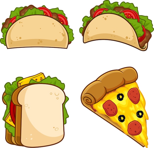 Cartoon Fast Foods Vector Hand Drawn Collection Set Isolated On White Background