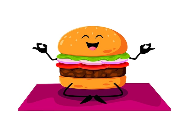 Cartoon fastfood hamburger personage op yoga