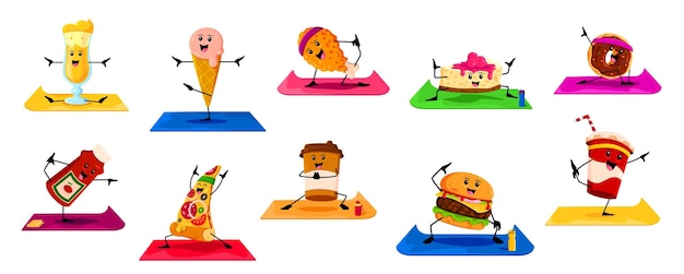 Cartoon fastfood personages op yoga fitness sport