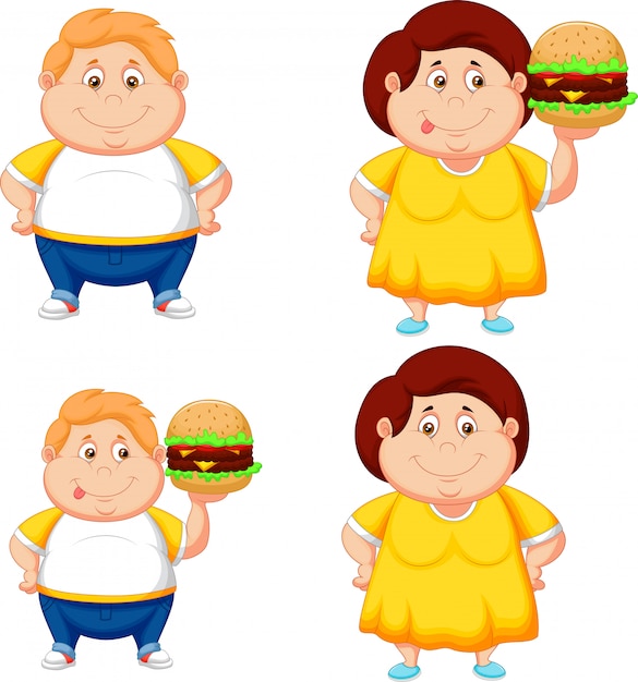 Cartoon fat boy and girl with big hamburger