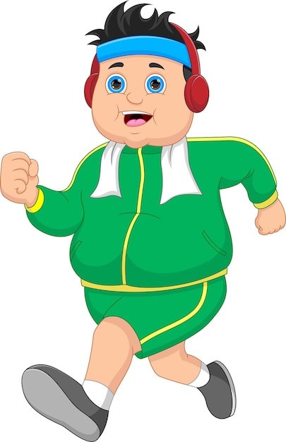 Cartone animato ragazzo grasso che fa jogging su sfondo bianco
