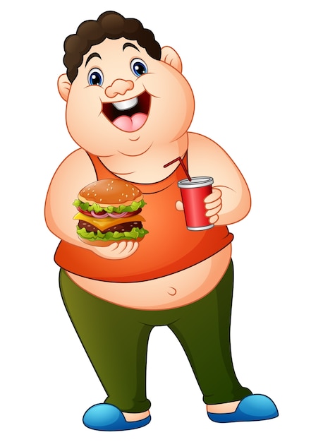 Cartoon fat man holding a hamburger with drinking soda